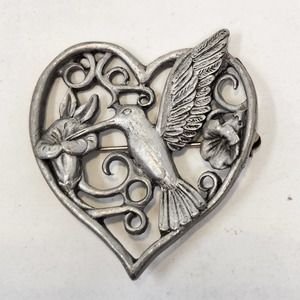 Spoon Vintage Pewter Heart Hummingbird Brooch Pin Floral Open Work Silver Tone